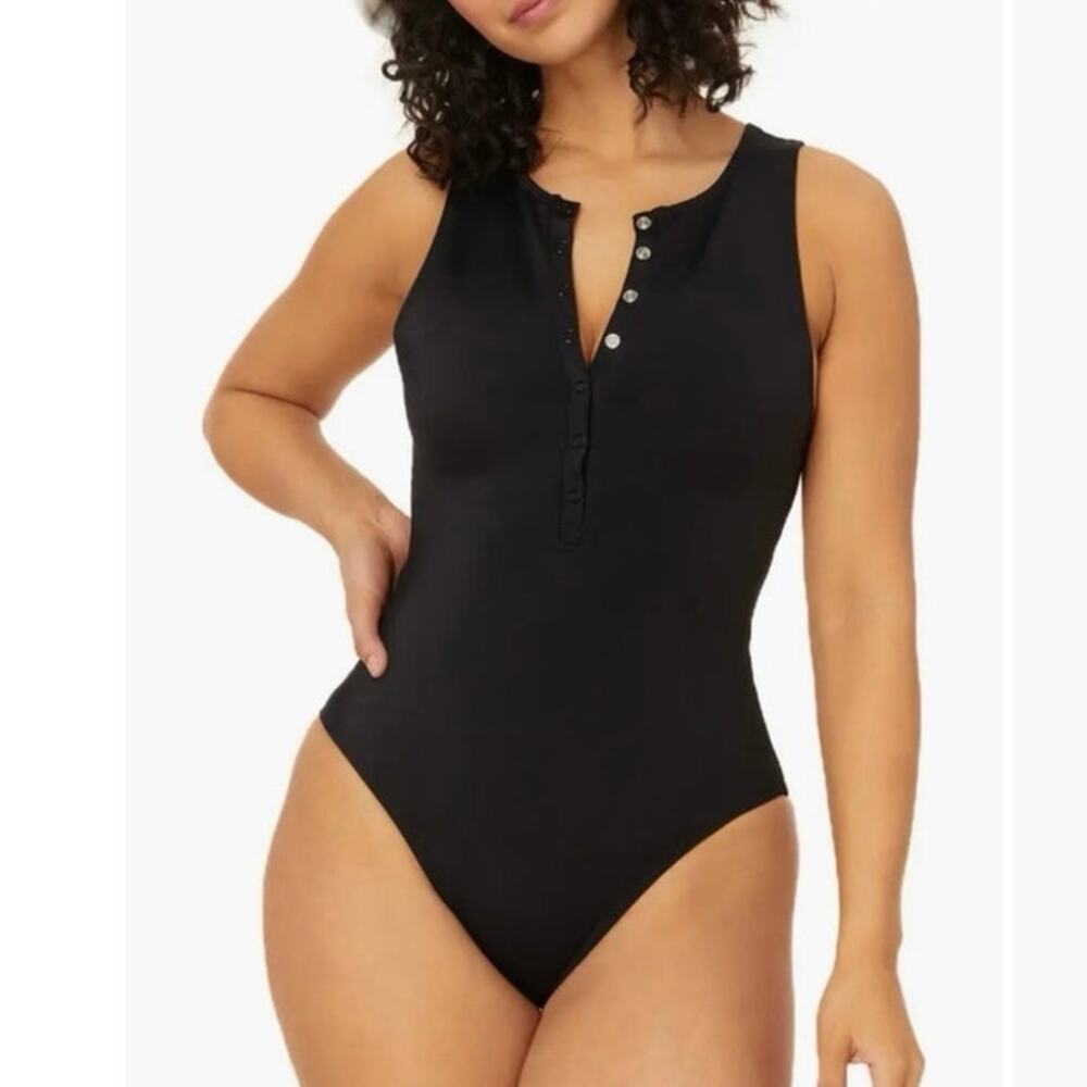 Andie Black Ribbed Henley One-Piece Swimsuit